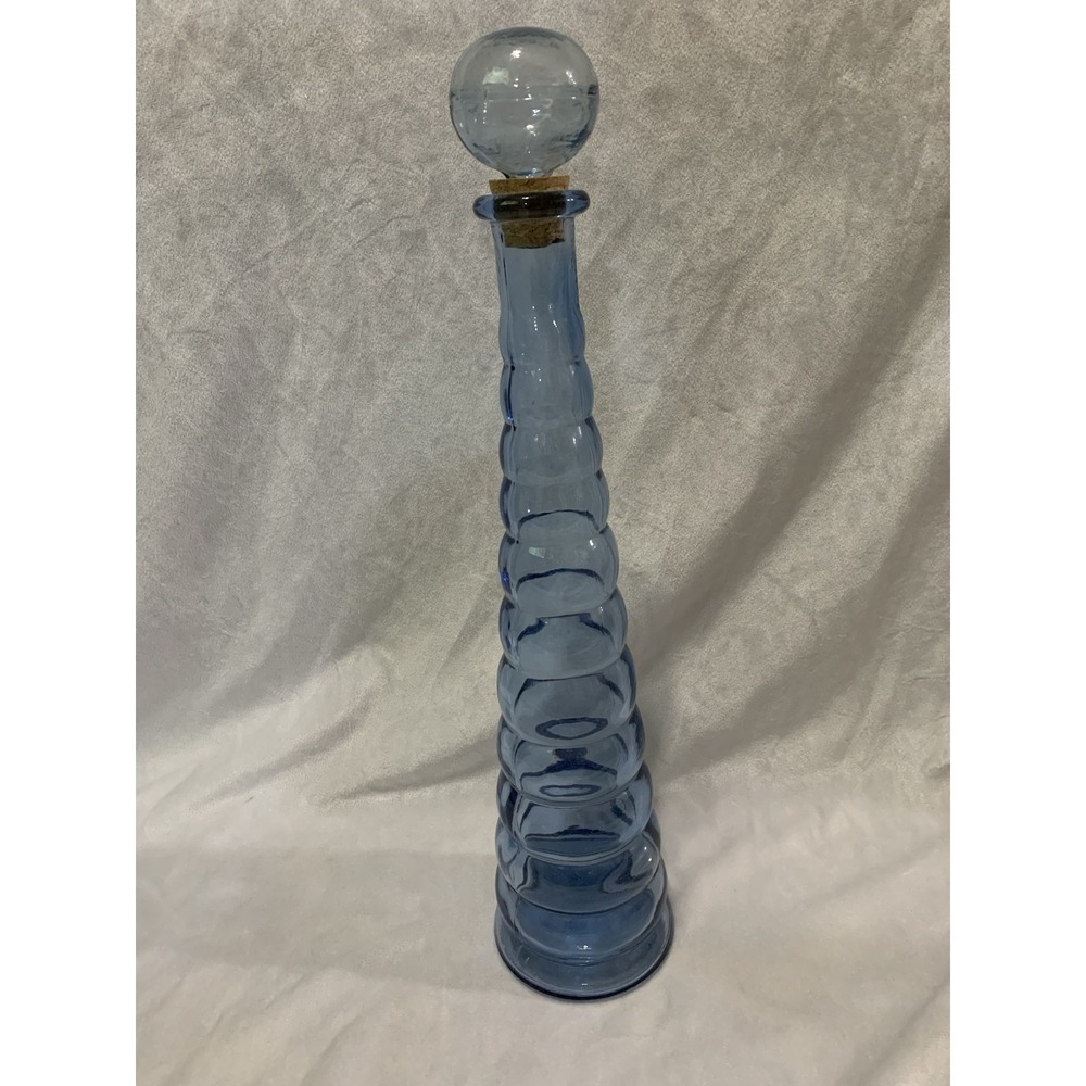Retro Art Glass Blue Bubble Decanter Bottle Round Cork Stopper